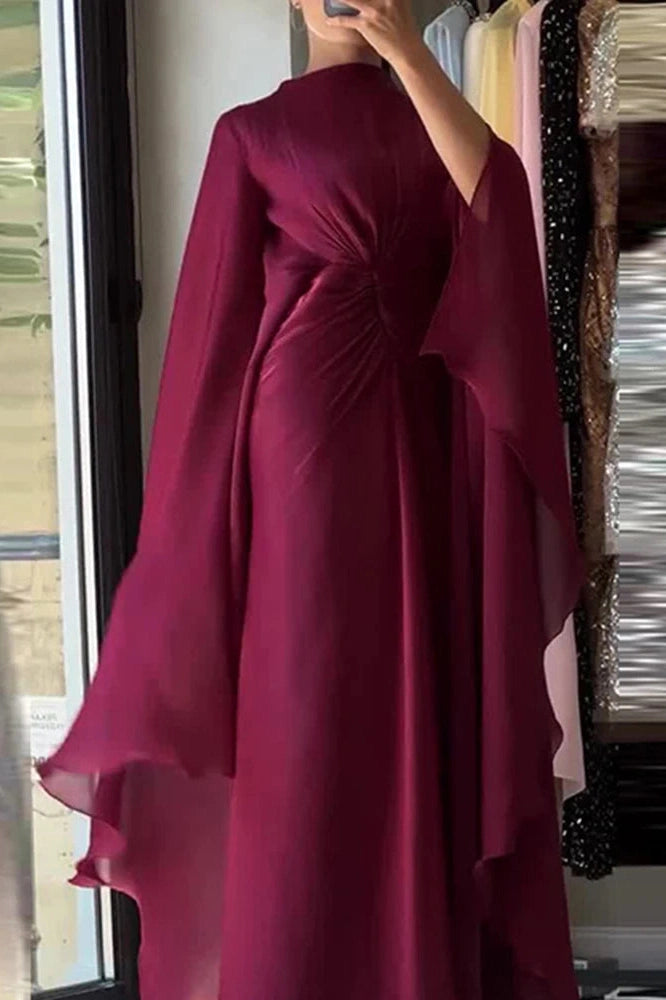 Glorol - Long Sleeve Lace Up O-Neck Loose Pleated Maxi Dress