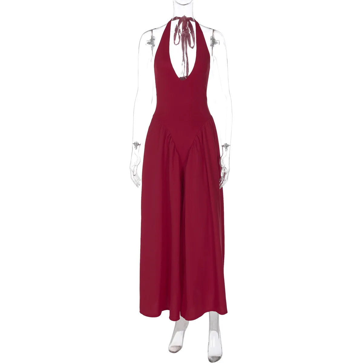 Glorol - Deep V Neck A-Line Pleated Midi Dress