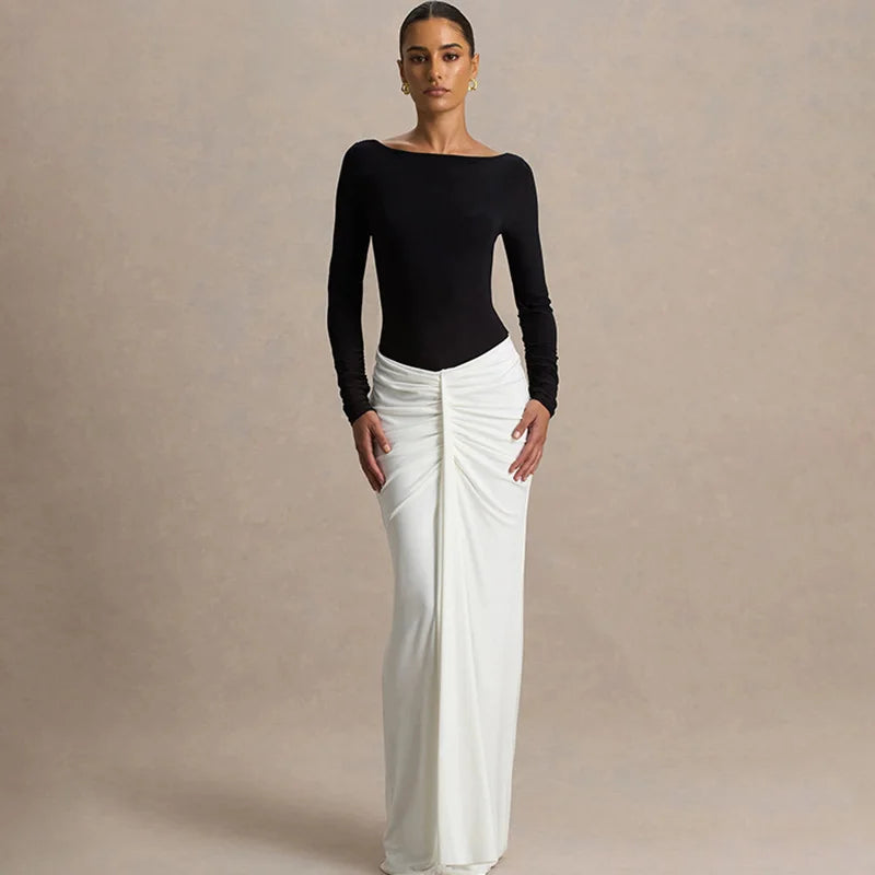 Glorol - Backless Round Neck Patchwork Long Sleeve Maxi Dress