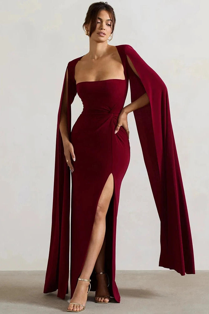 Glorol - Long Cape Sleeve Square Collar Maxi Dress