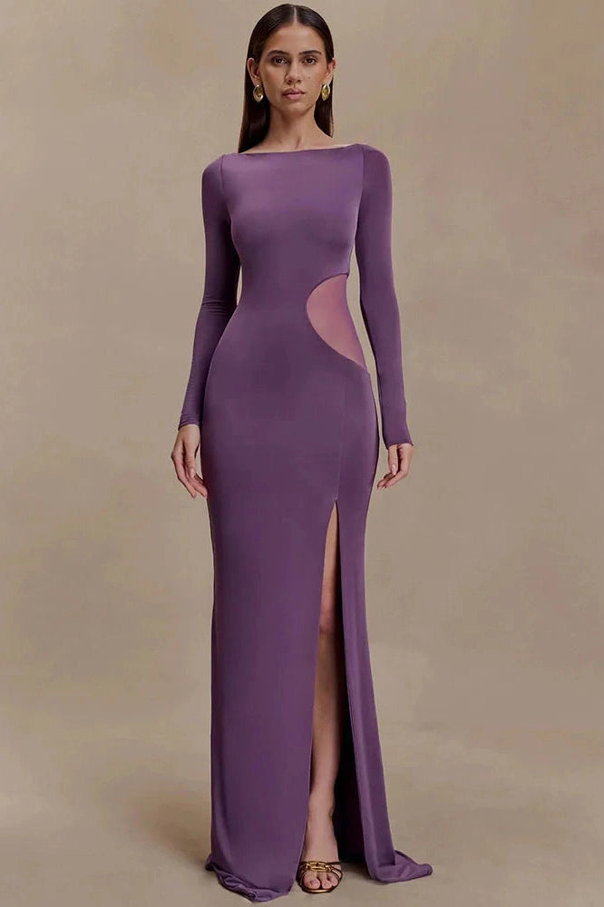 Glorol - Hollow Out Long Sleeve O Neck High Split Bodycon Maxi Dress