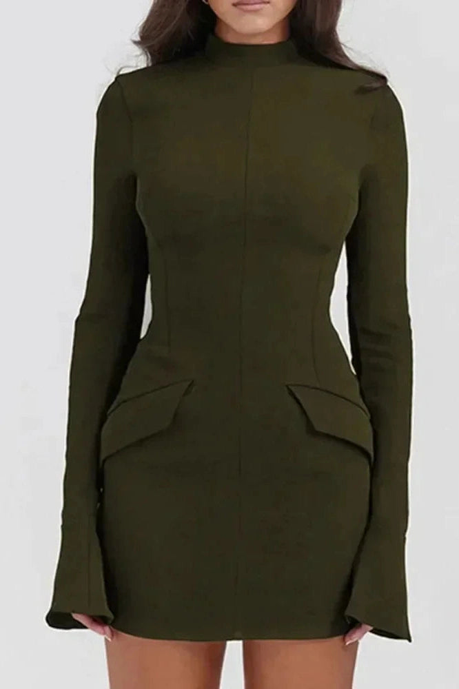 Glorol - Elegant Slim Two Pocket Long Sleeve A-Line Mini Dress