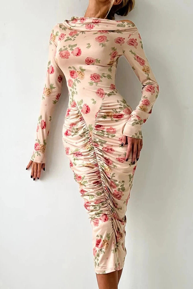 Glorol - Elegant Long Sleeve Backless Bodycon Midi Dress