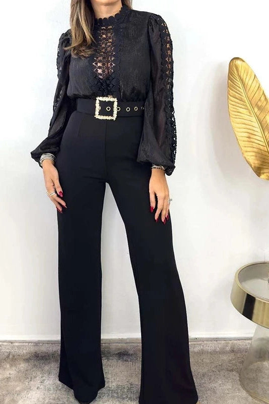 Glorol - High Waist Mesh Hollow Out Wide Leg Jumpsuit