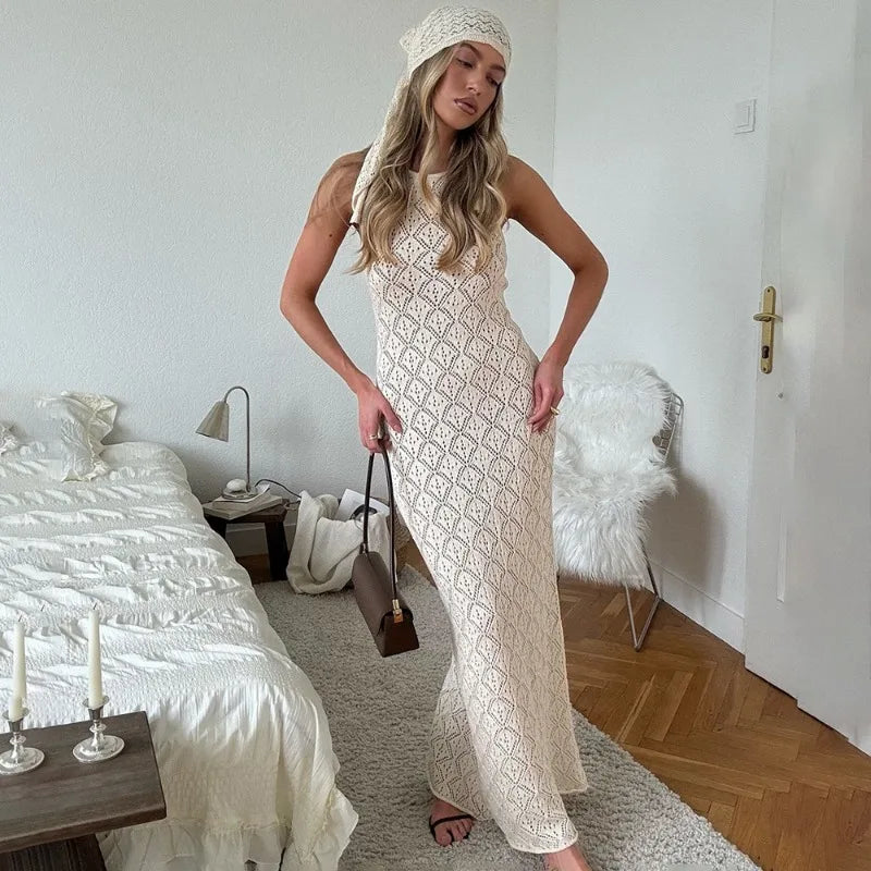 Glorol - Elegant Hollow Out See-Through Sleeveless Maxi Dress