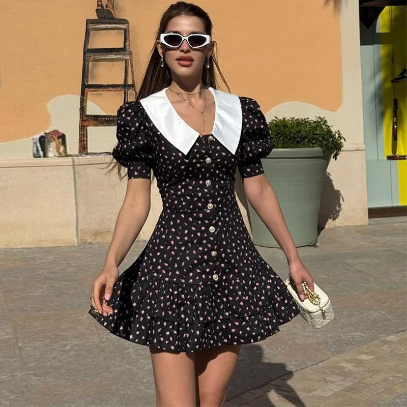 Glorol - Printed Short Sleeve V Neck High Waist Mini Dress