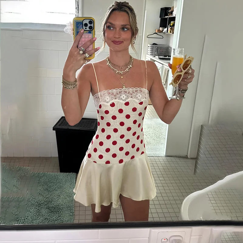 Glorol - Polka Dot Lace Slim Sleeveless Mini Dress