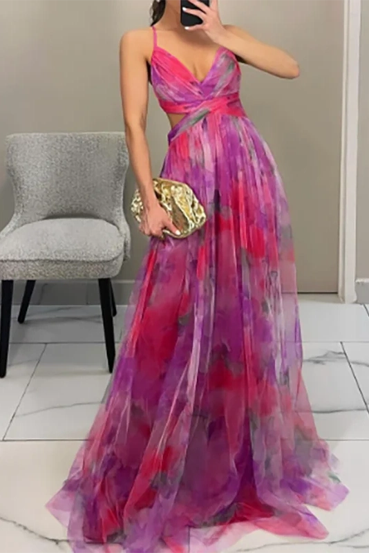Glorol - Elegant Print Pleated V Neck High Waist Backless Maxi Dress