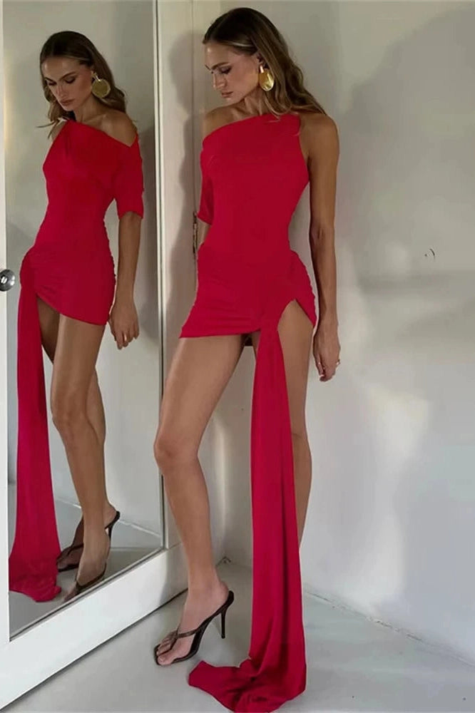 Glorol - One-Shoulder Slim Patchwork Bodycon Mini Dress