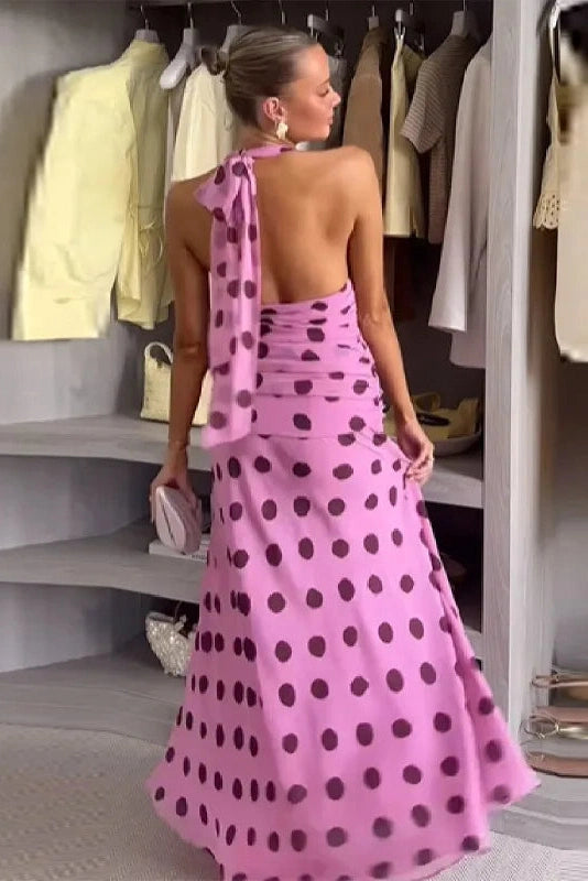 Glorol - Polka Dots Lace-Up Backless Sleeveless Maxi Dress