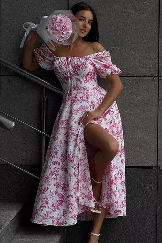 Glorol - Off Shoulder Floral Print Short-Sleeved Lace-Up Slit Maxi Dress