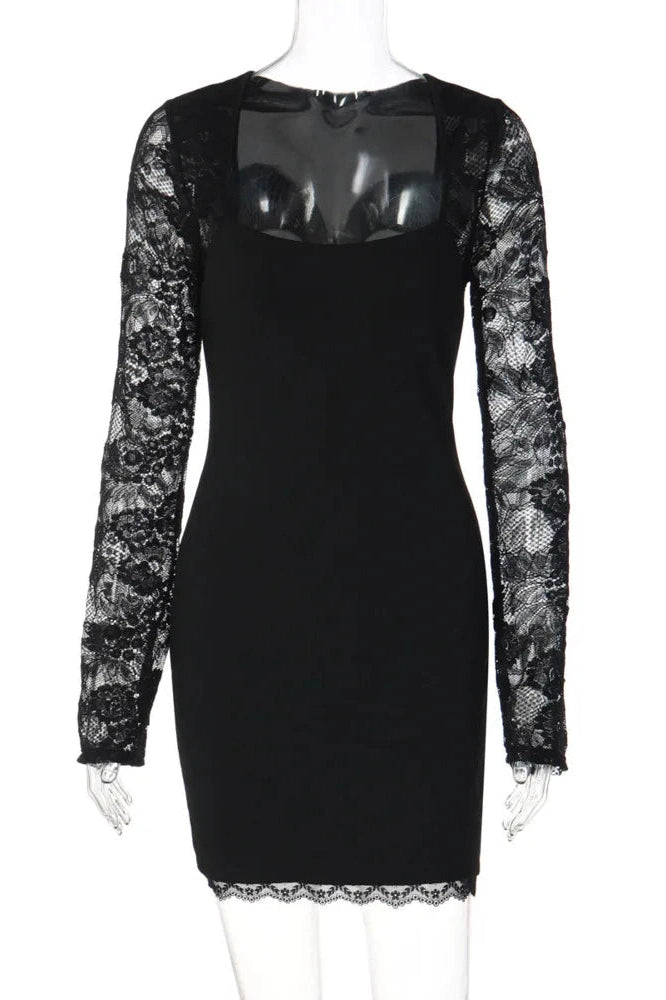 Glorol - Lace Long Sleeve Patchwork Square Collar Mini Dress