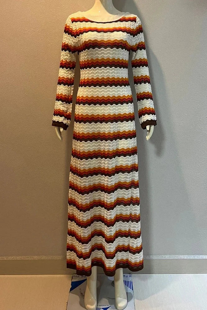 Hollow Out Striped Long Sleeve Loose Maxi Dress