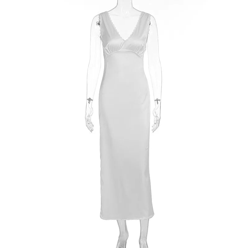 Glorol - Sleeveless Slim Lace V Neck Maxi Dress