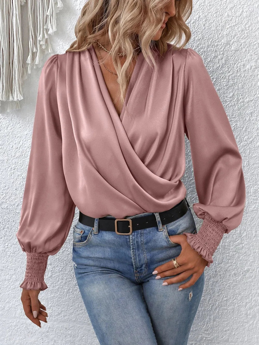 Glorol - Elegant V-Neck Lantern Sleeve Top