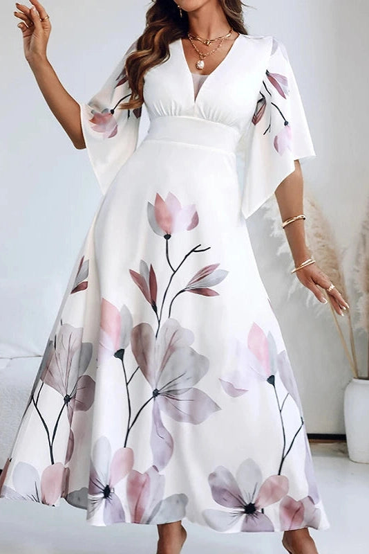 Glorol - Elegant Half Sleeve Slim High Waist Pleated V-Neck Printed Maxi Dress