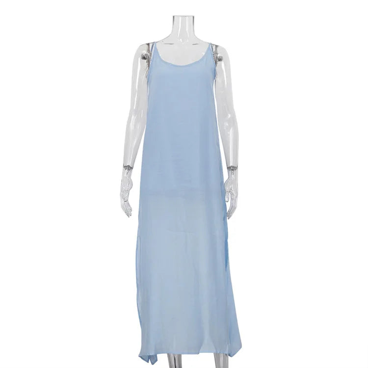 Glorol - Spaghetti Strap O Neck Sleeveless Slit Maxi Dress