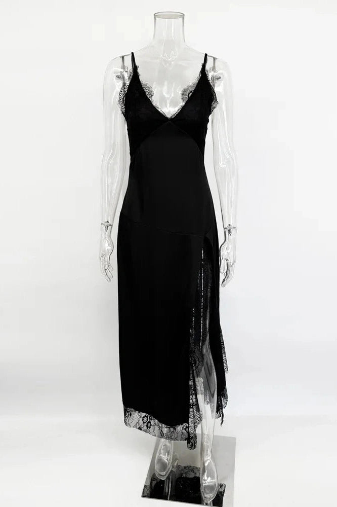 Glorol - Lace Printed V-Neck Slim Patchwork Bodycon Maxi Dress