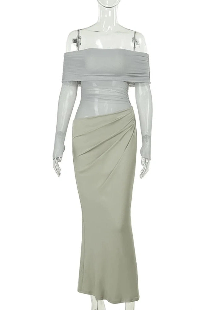 Glorol - See-Through Patchwork Off-Shoulder Long Sleeve Maxi Dress