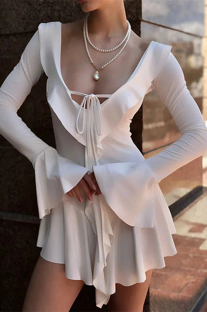 Glorol - Lace-Up V-Neck Patchwork Long Sleeve Slim Mini Dress