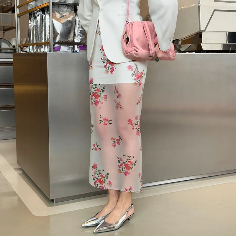 Glorol - High Waist See-Through Floral Print Skirt