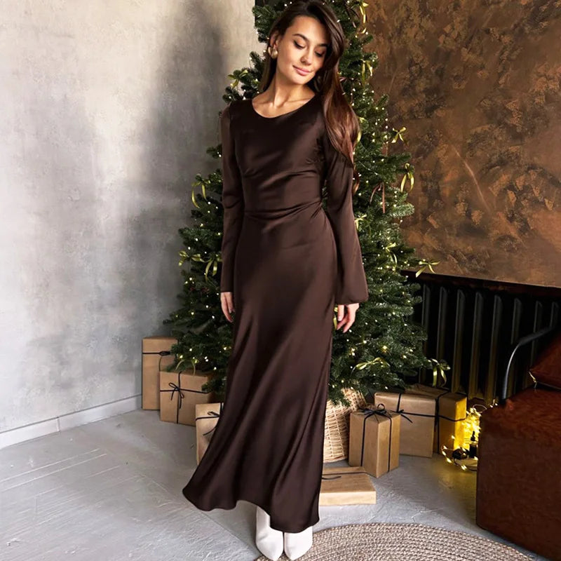 Glorol - O-Neck Lace Up Long Sleeve Maxi Dress