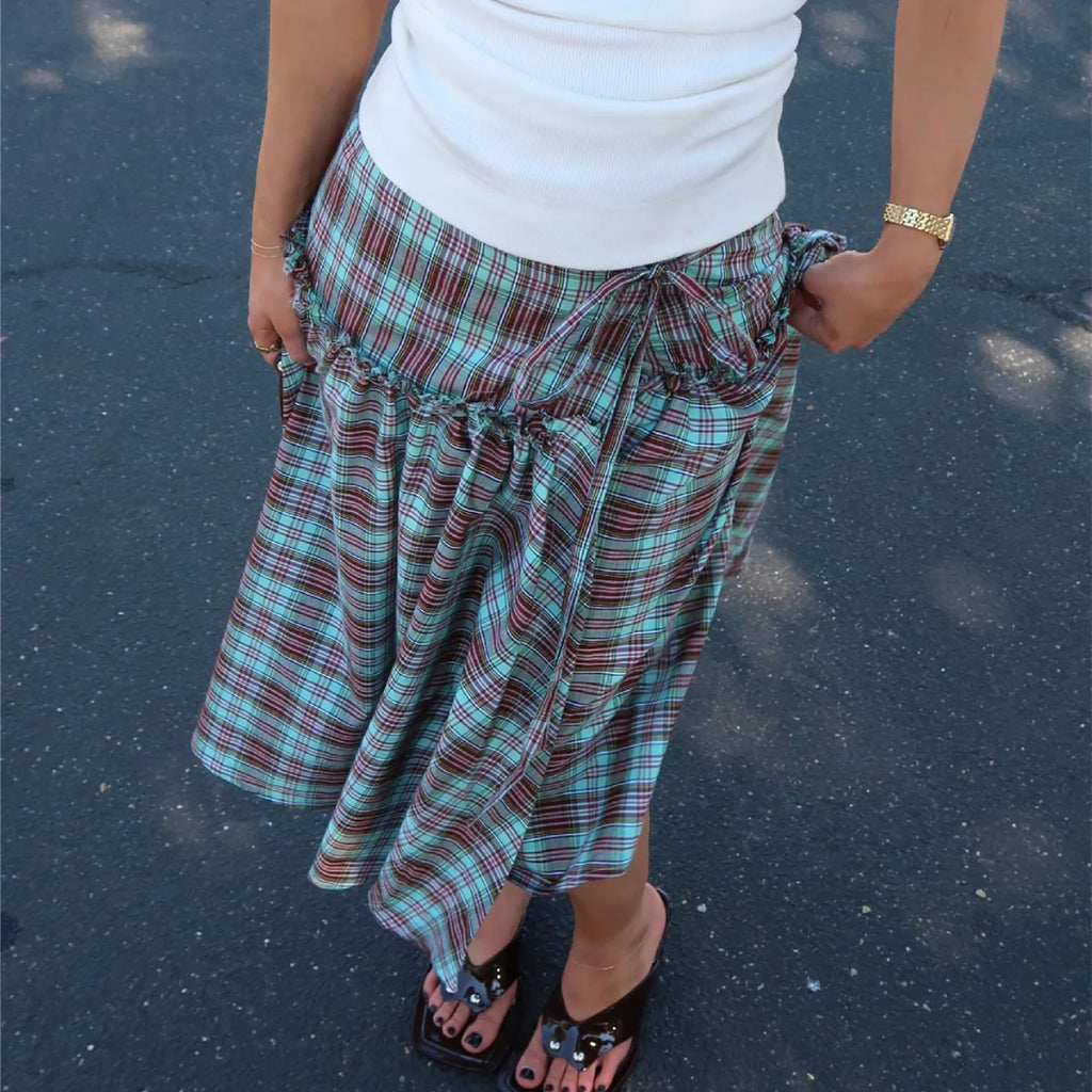 Glorol - Low Rise Plaid Lace Up A-line Skirt
