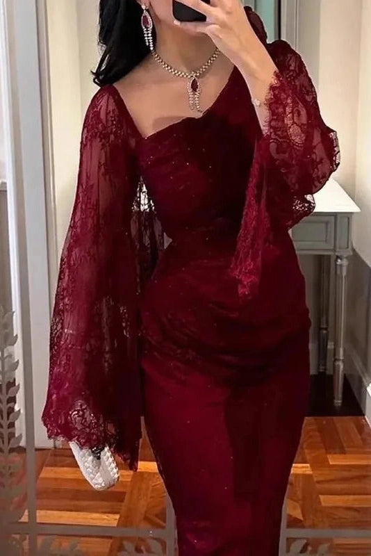 Glorol - Elegant Lace Slim Slash Collar Long Sleeve Irregular Maxi Dress