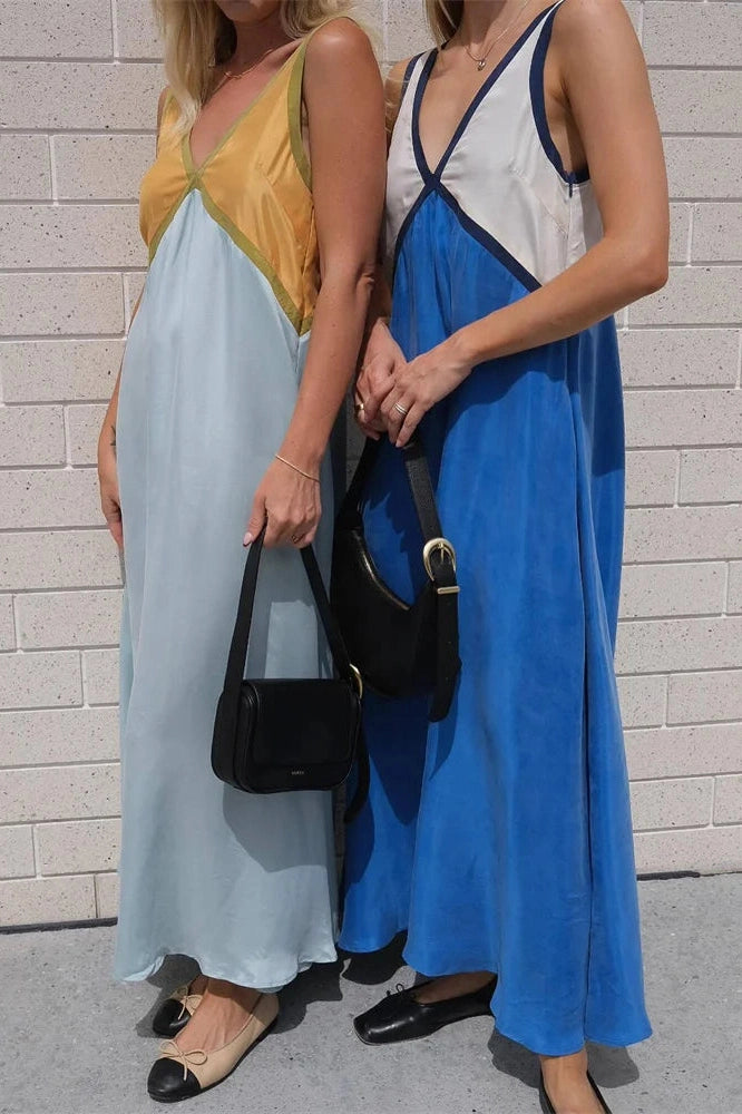 Glorol - Patchwork V-Neck Strapless Sleeveless Slim Maxi Dress