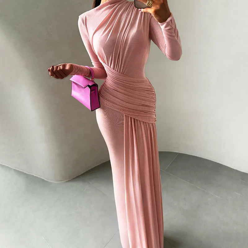 Glorol - Round Neck High Waist Long Sleeve Maxi Dress