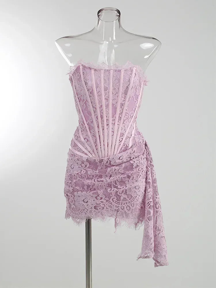 Glorol - Lace See-Through Bodycon Irregular Mini Dress