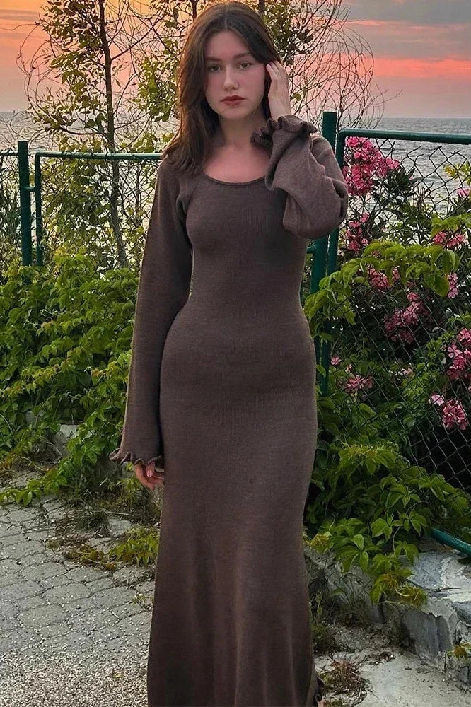 Glorol - Knitted Backless Lace Up High Waist Maxi Dress