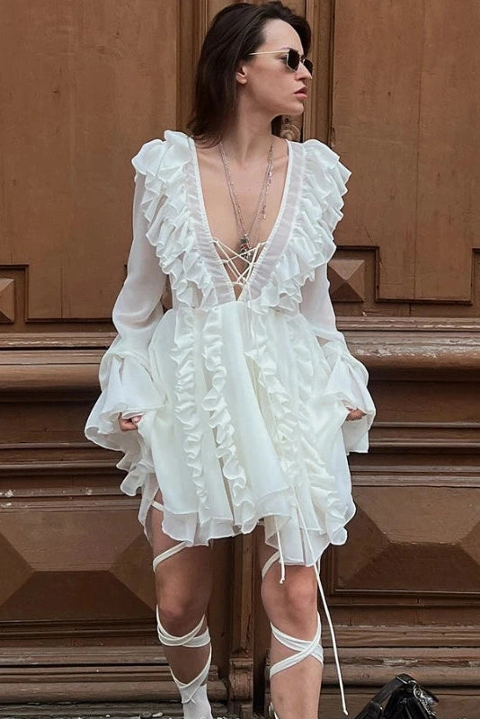 Glorol - Elegant Long-Sleeved V-Neck High-Waisted Mini Dress
