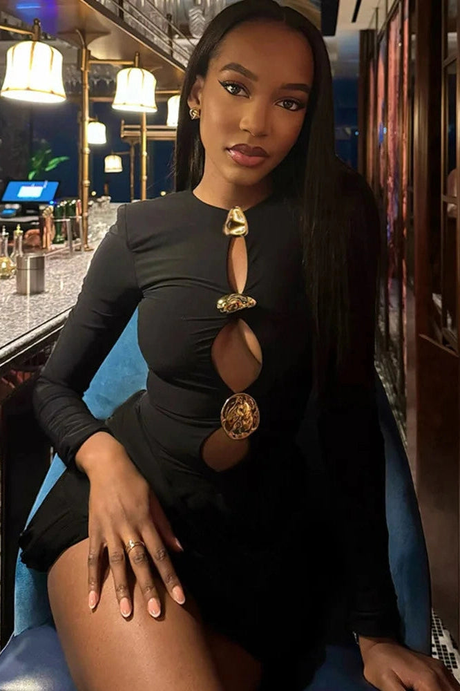 Glorol - Hollow Out Long Sleeve O Neck High Waist Mini Dress