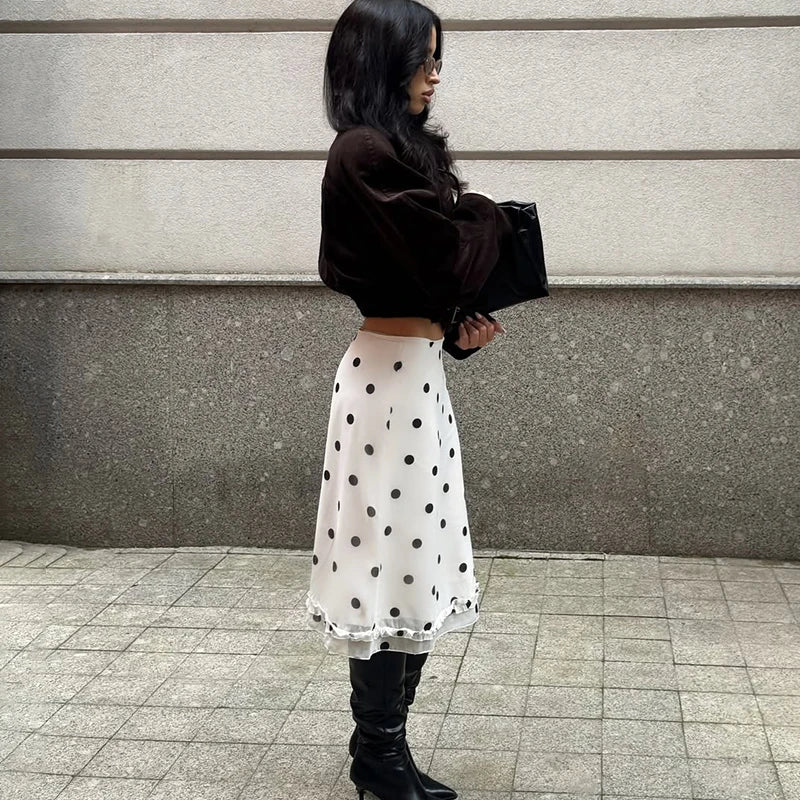 Glorol - High Waist A-Line See Through Polka Dot Skirt