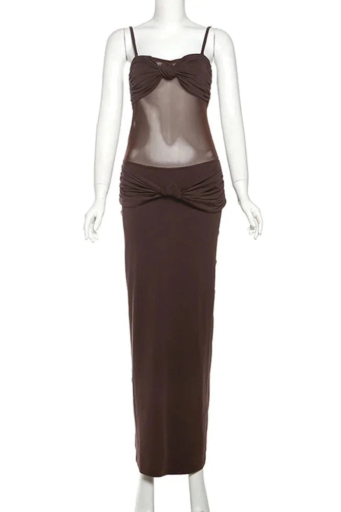 Glorol - Elegant Spaghetti Strap Backless See-Through Maxi Dress