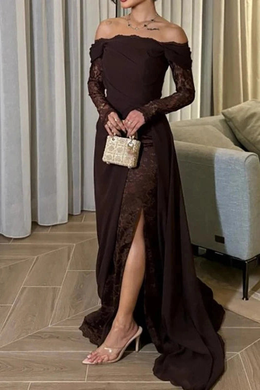 Glorol - Elegant High Waist Split Pleated Off-Shoulder Lace Maxi Dress