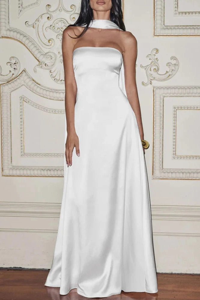 Glorol - Off-Shoulder Strapless Scarf Collar Sleeveless Backless Bodycon Maxi Dress
