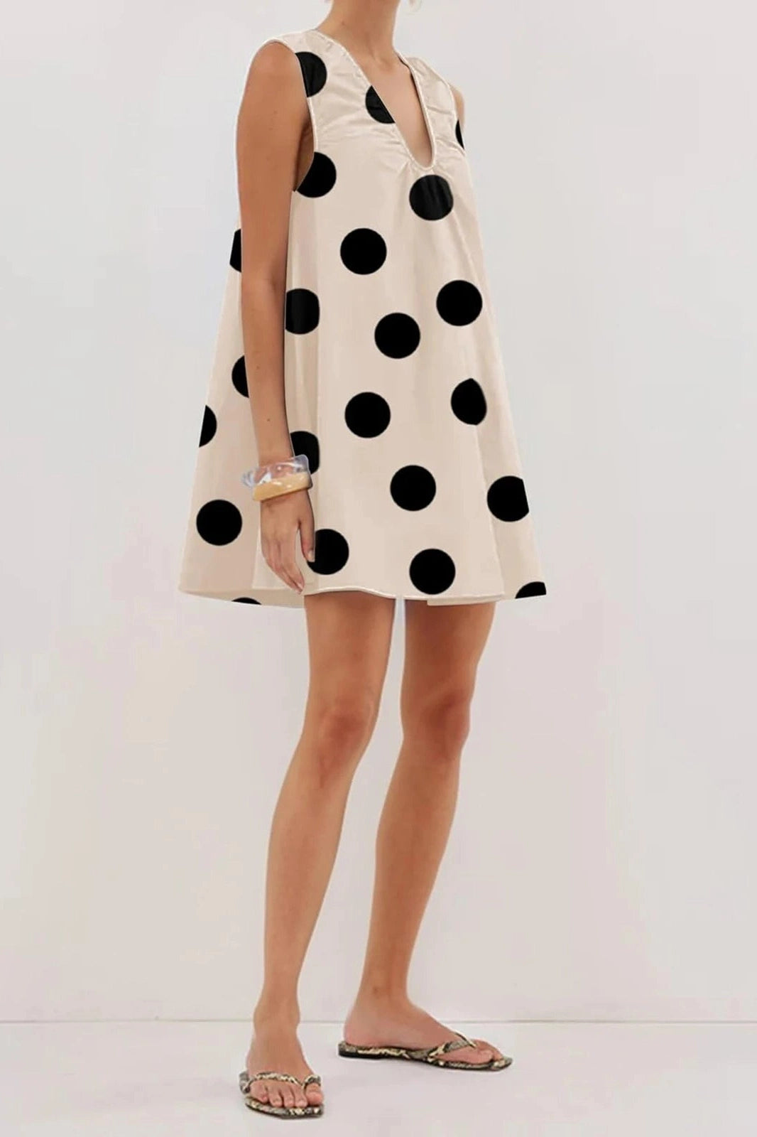 Glorol - Printed V Neck Sleeveless Loose Fit Mini Dress