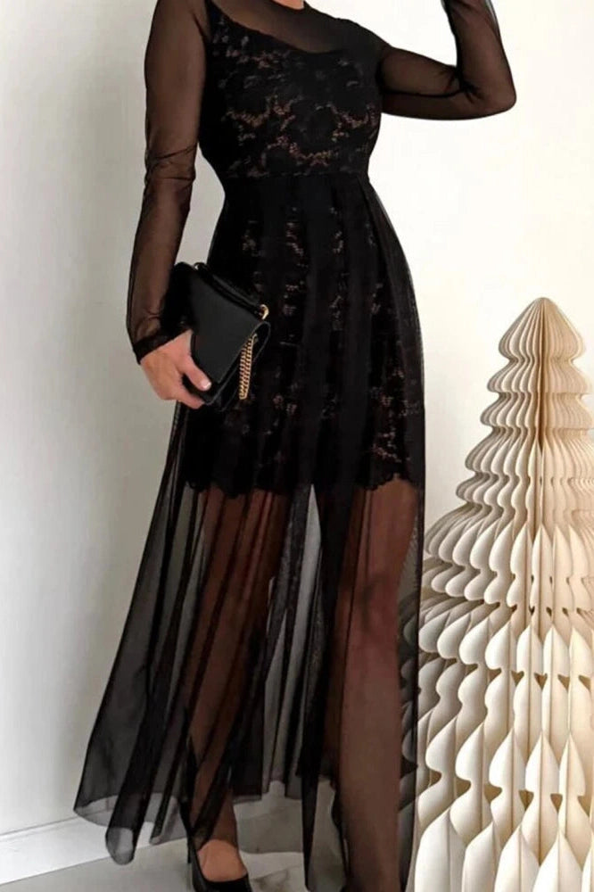 Glorol - Elegant Slim See-Through Long Sleeve High Waist Pleated Maxi Dress