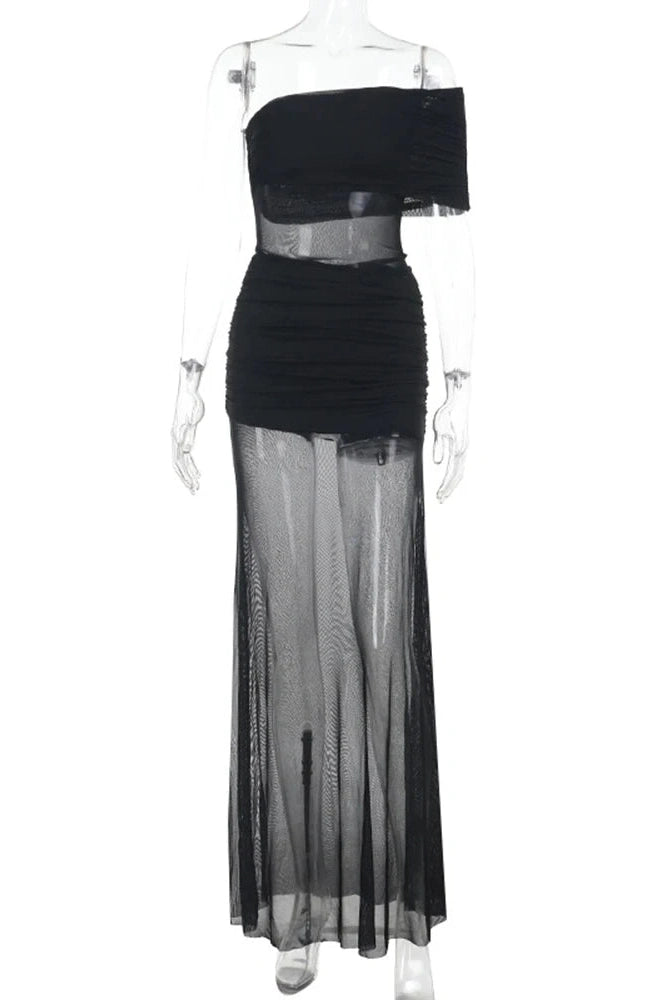 Glorol - Elegant Strapless See Through Slim Maxi Dress