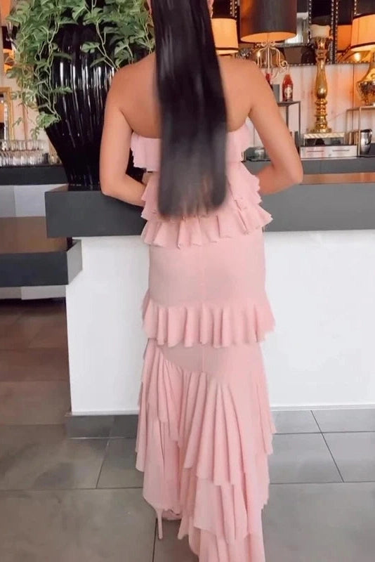 Glorol - Elegant High Waist Split Strapless Maxi Dress