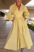 Glorol - Elegant Single Breasted Long Sleeve Tie-Up Midi Dress