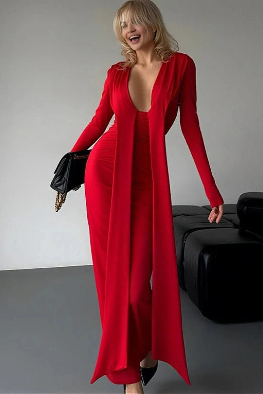Glorol - Elegant Pleated V-Neck Maxi Dress