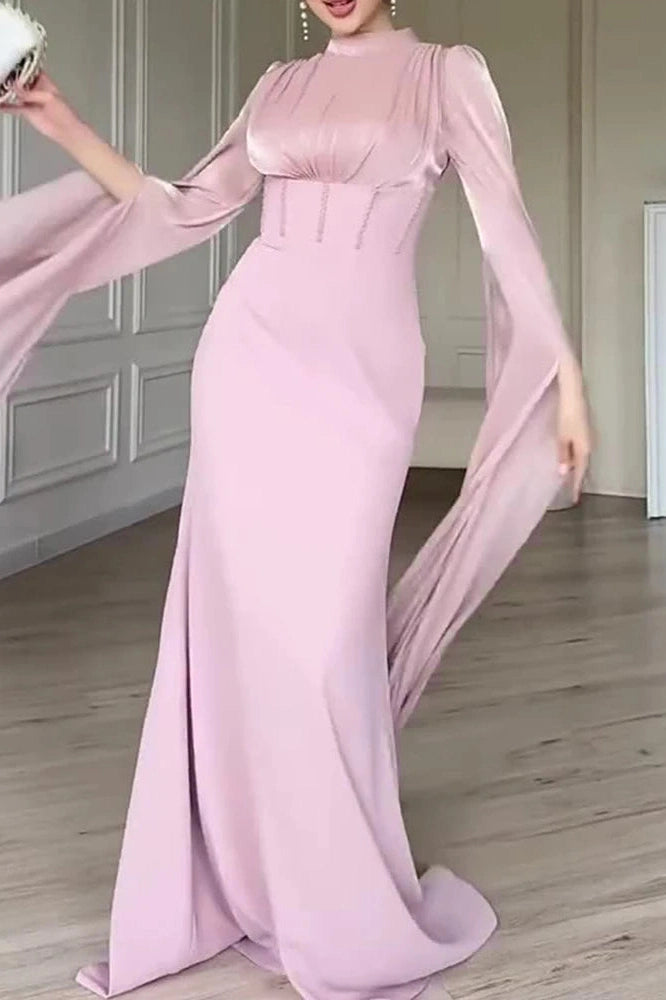 Glorol - Elegant O-Neck Split Sleeve Slim Pleated High Waist Maxi Dress