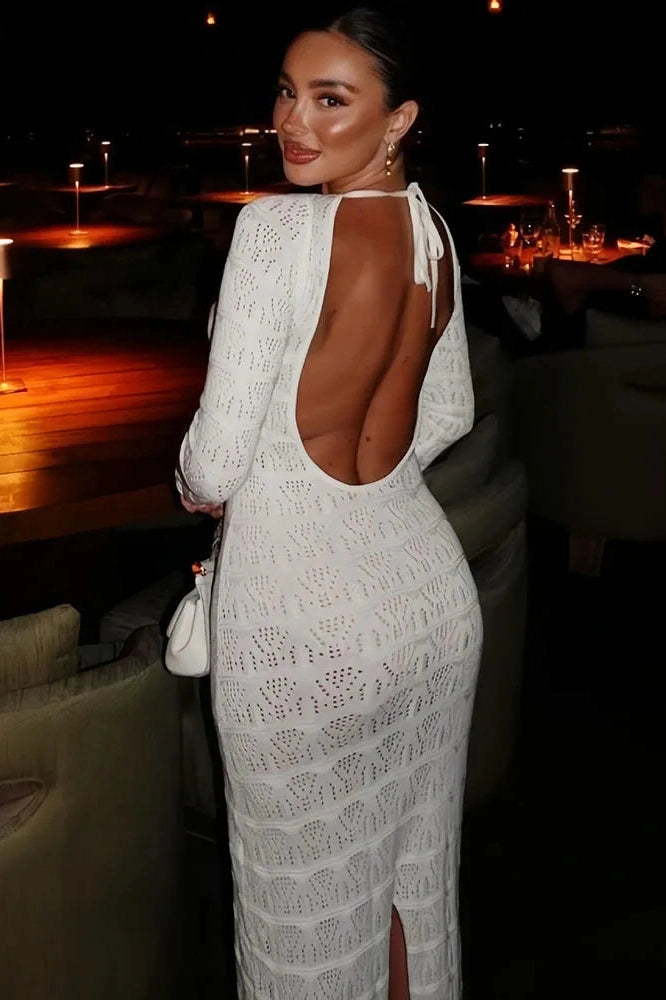 Glorol - Hollow Out Lace Up Backless Knitted Slim Long Sleeve Maxi Dress