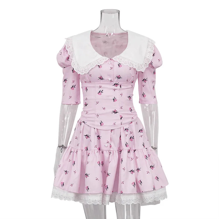 Glorol - Short Sleeve Lace High Waist Mini Dress