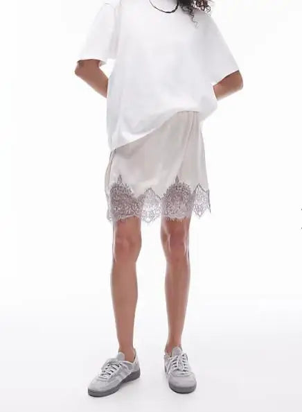 Glorol - Elastic Waist Lace Trimmed Skirt