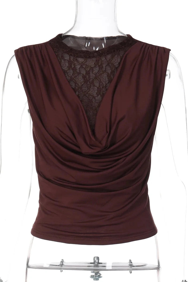 Glorol - Lace Round-Neck Sleeveless Slim Top