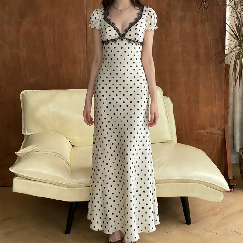 Glorol - Lace Polka Dot V-Neck Patchwork Lace-Up Maxi Dress